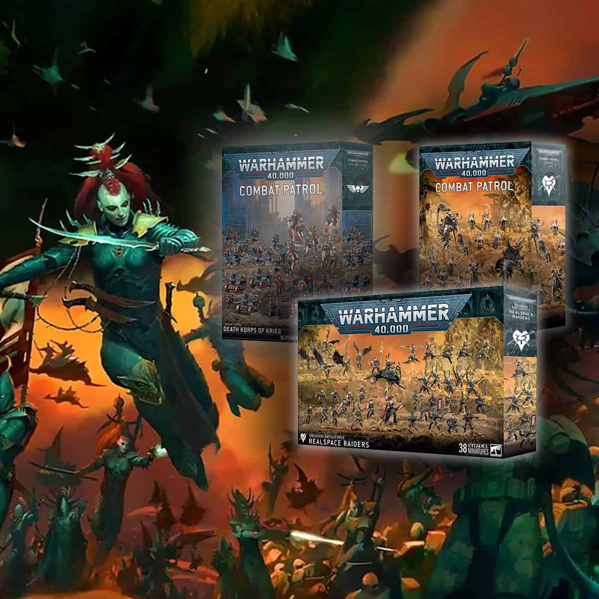 40K FACTION DRUKHARI art backgroung with product shots of combat patrol and battleforce