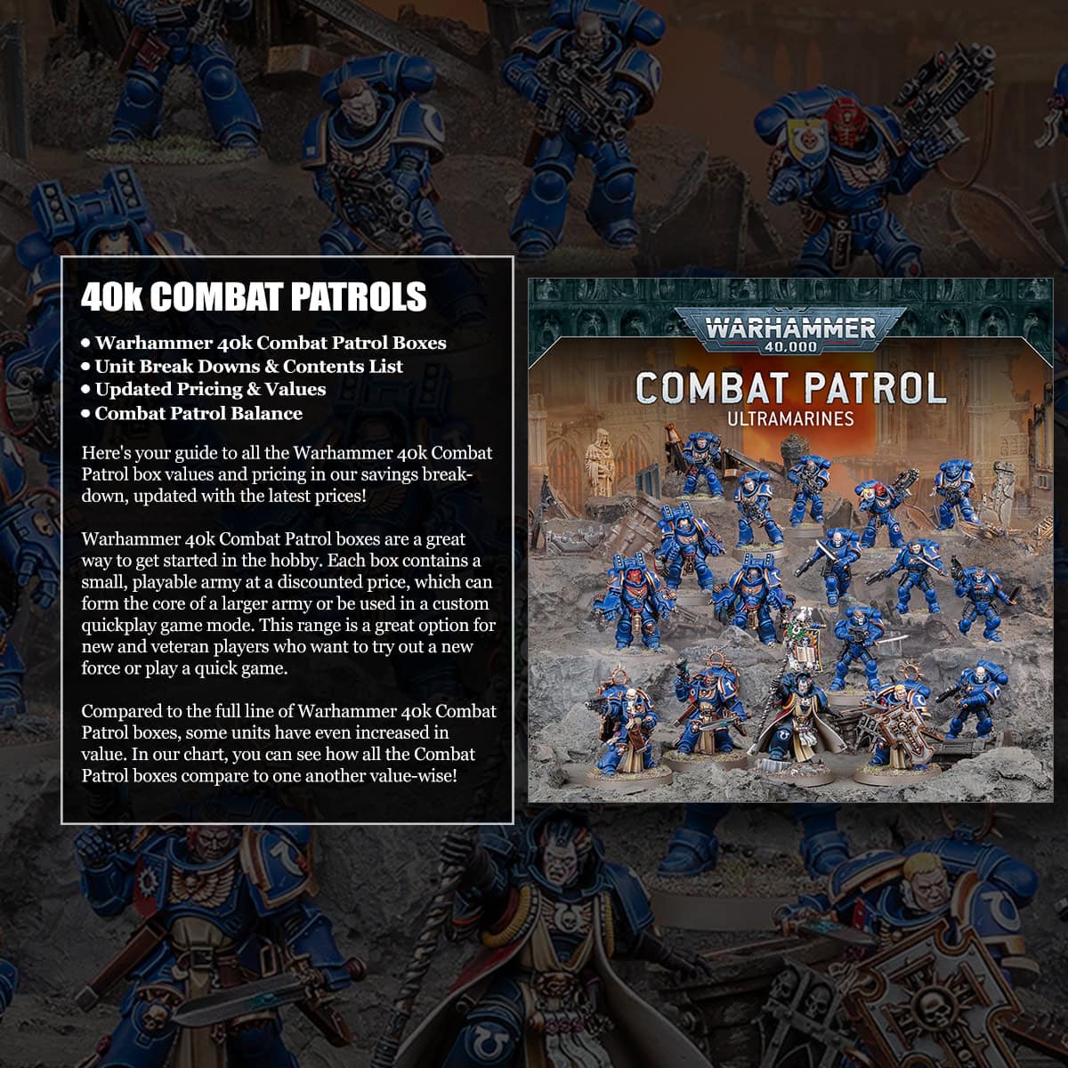 Combat Patrol ultramarines product shot with painted miniatures in background shaded warhammer 40k
