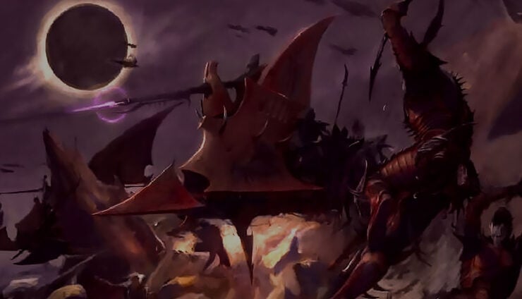 DRUKHARI RAIDER BACKGROUND ART attacking guardman with blacked out sun and fleet of ships WARHAMEMR 40K