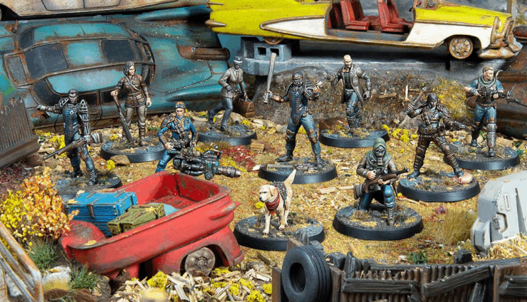 Modiphius New Releases fallout warfare product shots of Far Harbor painted miniatures on wasteland background
