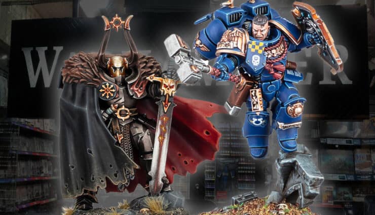 Warhammer Day new commemorative Chaos champion and a Space Marine Captain models painted product shots with warhammer store in background