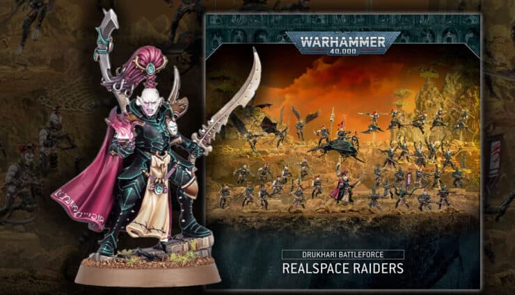 drukhari realspace raiders battleforce product shot with painted models on desert terrain warhammer 40k