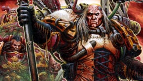 fabius bile sabertooth card art, with rod of torment in air warhammer 40k noise marine background