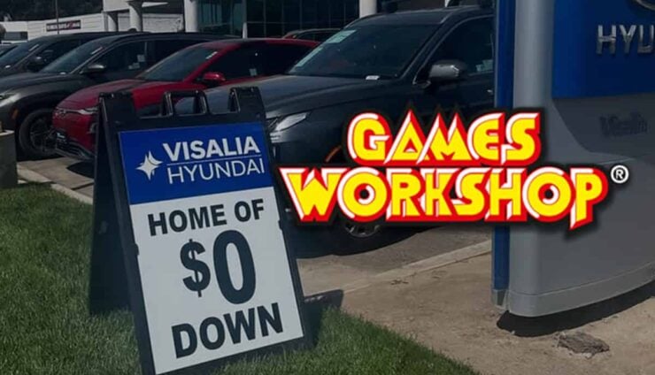 games workshop selling warhammer car dealership hyndai $0 down billboard out from of location GW logo superimposed