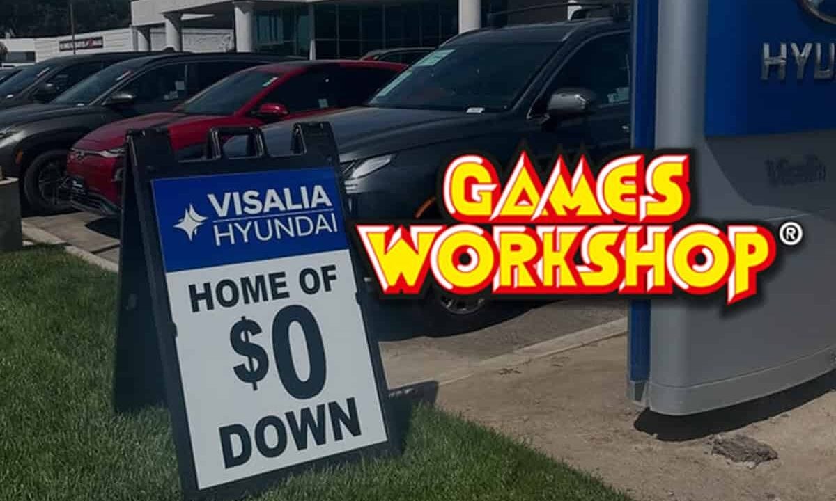games workshop selling warhammer car dealership hyndai $0 down billboard out from of location GW logo superimposed