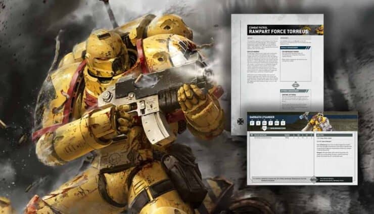 imperial fists space marine firing next to the new rules datasheets warhammer 40k rampart fortress background stylized with chapter logos