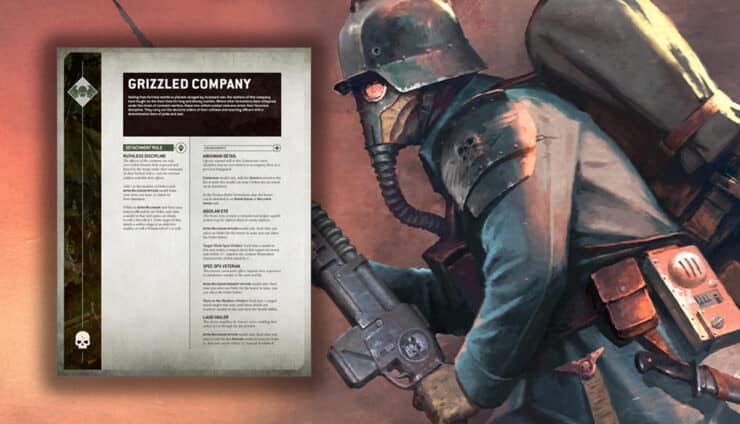 new astra militarum grizzled company rules detacment and DKoK artwork in background