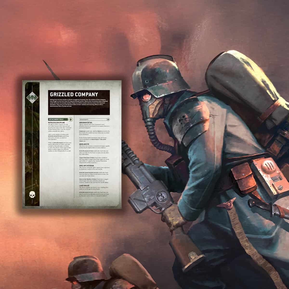 new astra militarum grizzled company rules detacment and DKoK artwork in background