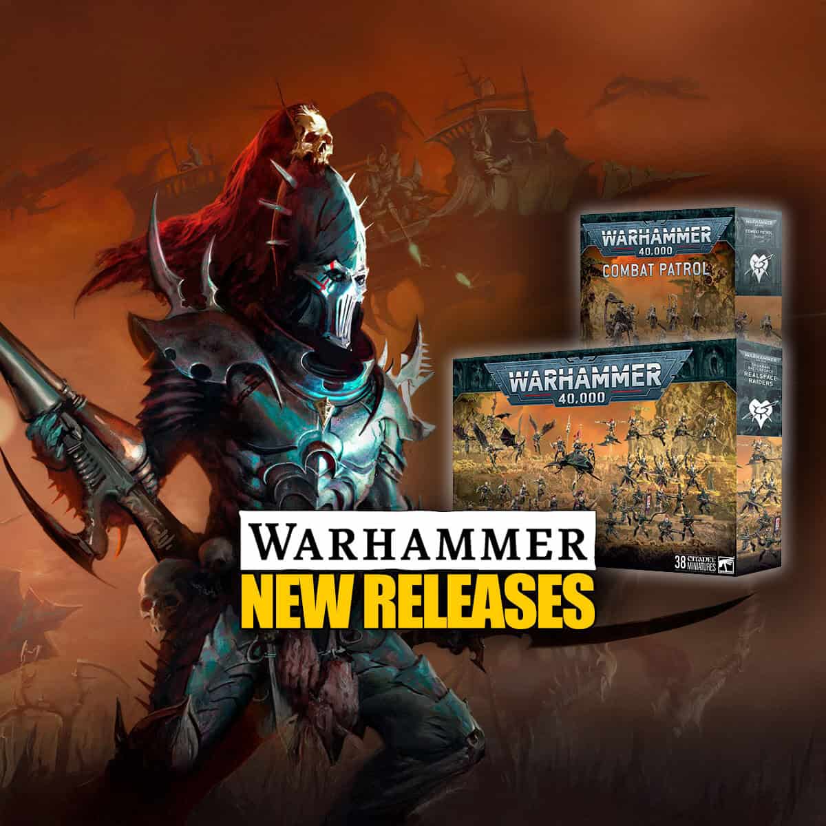 pre-order new releases druhari model product shots warhammer 40k with artwork of raider and reaver in background