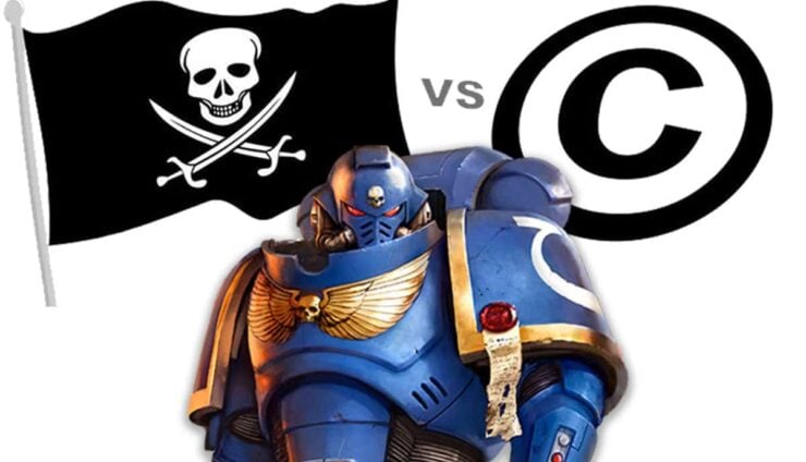 space marine with pirate flag and copy right symbol white background 3d printing warhammer 40k