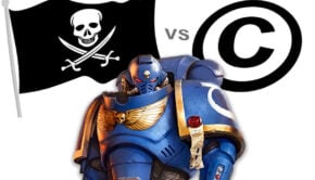 space marine with pirate flag and copy right symbol white background 3d printing warhammer 40k