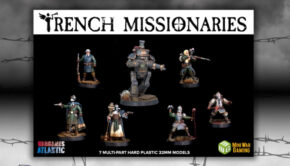 wargame atlantic trench missionaries for trench crusade product shot with smoke and barbed wire background