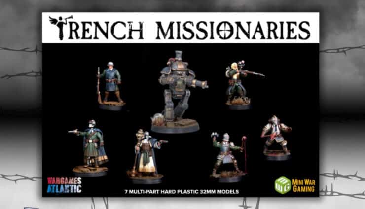 wargame atlantic trench missionaries for trench crusade product shot with smoke and barbed wire background