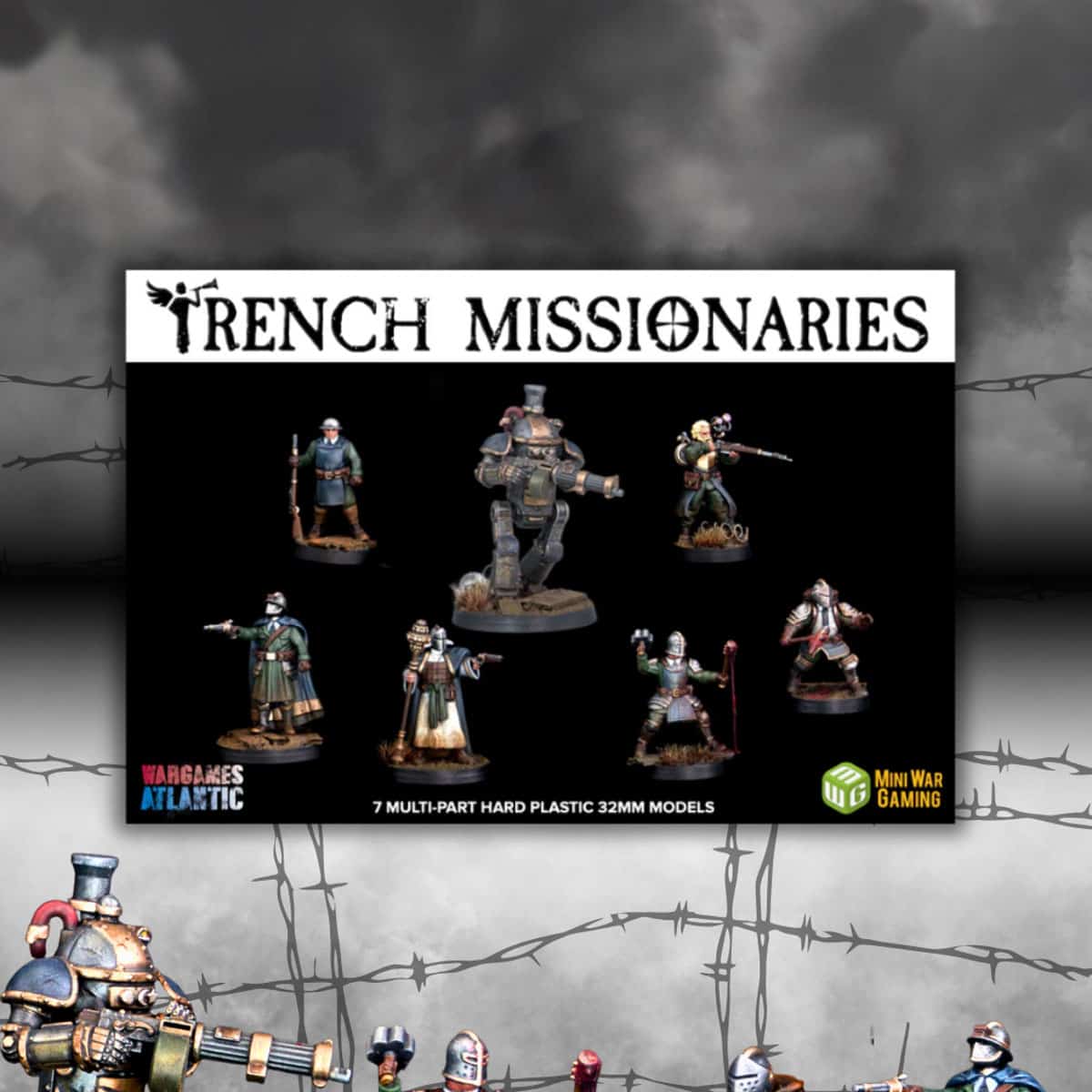 wargame atlantic trench missionaries for trench crusade product shot with smoke and barbed wire background