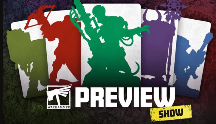 warhammer preview show with model shadows games workshop logo