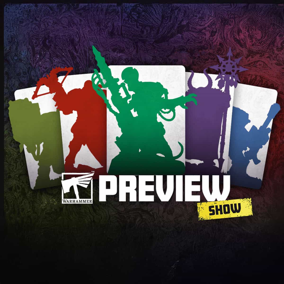 warhammer preview show with model shadows games workshop logo