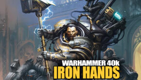 yellow text says iron hands warhammer 40k iron hands primarch ferrus manus runnining with hammer