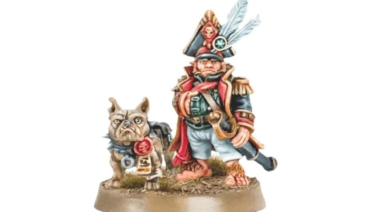Halfling Commissar Titus Stoutfoot and his loyal companion Muffin. painted model victoria miniatures
