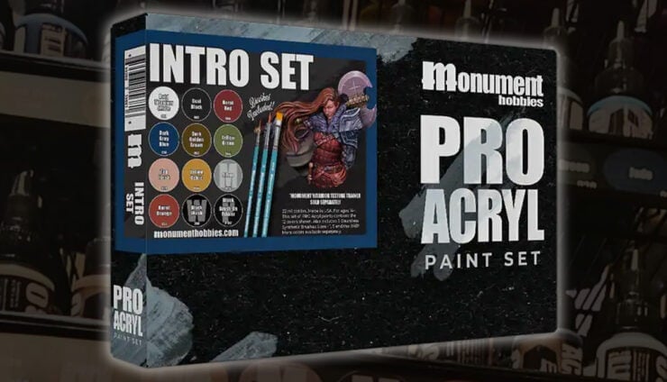 Monument Hobbies New Products Monument Reveals New Pro Acryl Intro Paint Set image of product with paint in background