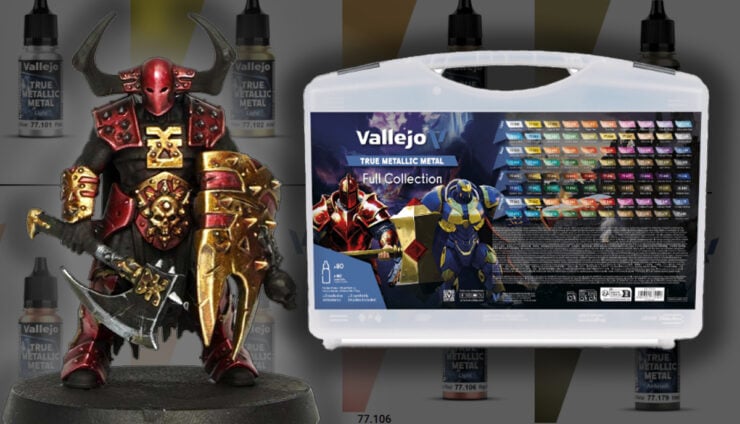 Vallejo new True Metallic Metal Paints warhammer model compete set product shot