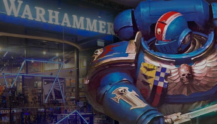 Warhammer store in mall with space marine indomitus art in foreground