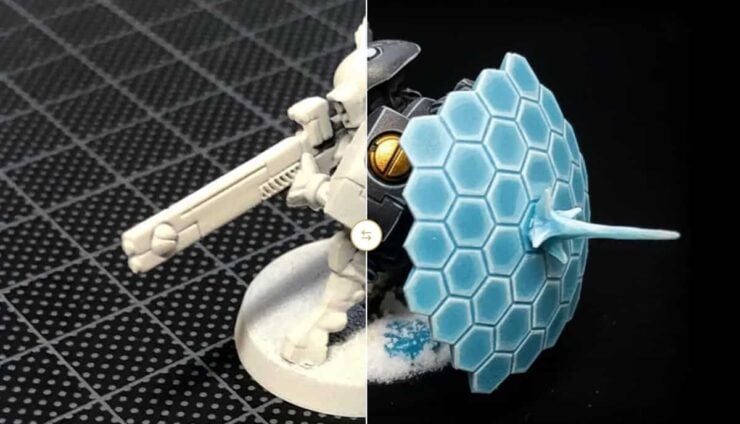 ai paint studio tau model plastic split in half and painted with AI software warhammer 40k