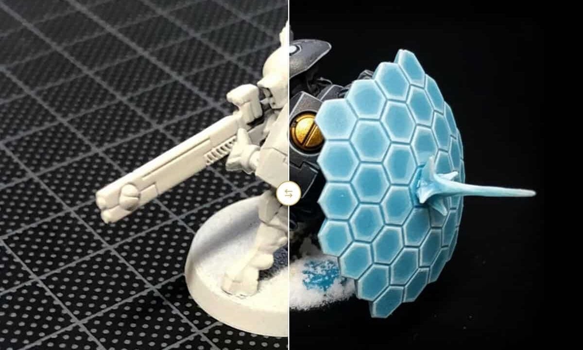 ai paint studio tau model plastic split in half and painted with AI software warhammer 40k
