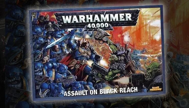 assault on black reach box set product shot with box art in background space marines battling orks wahrammer 40k 5th edition flashback