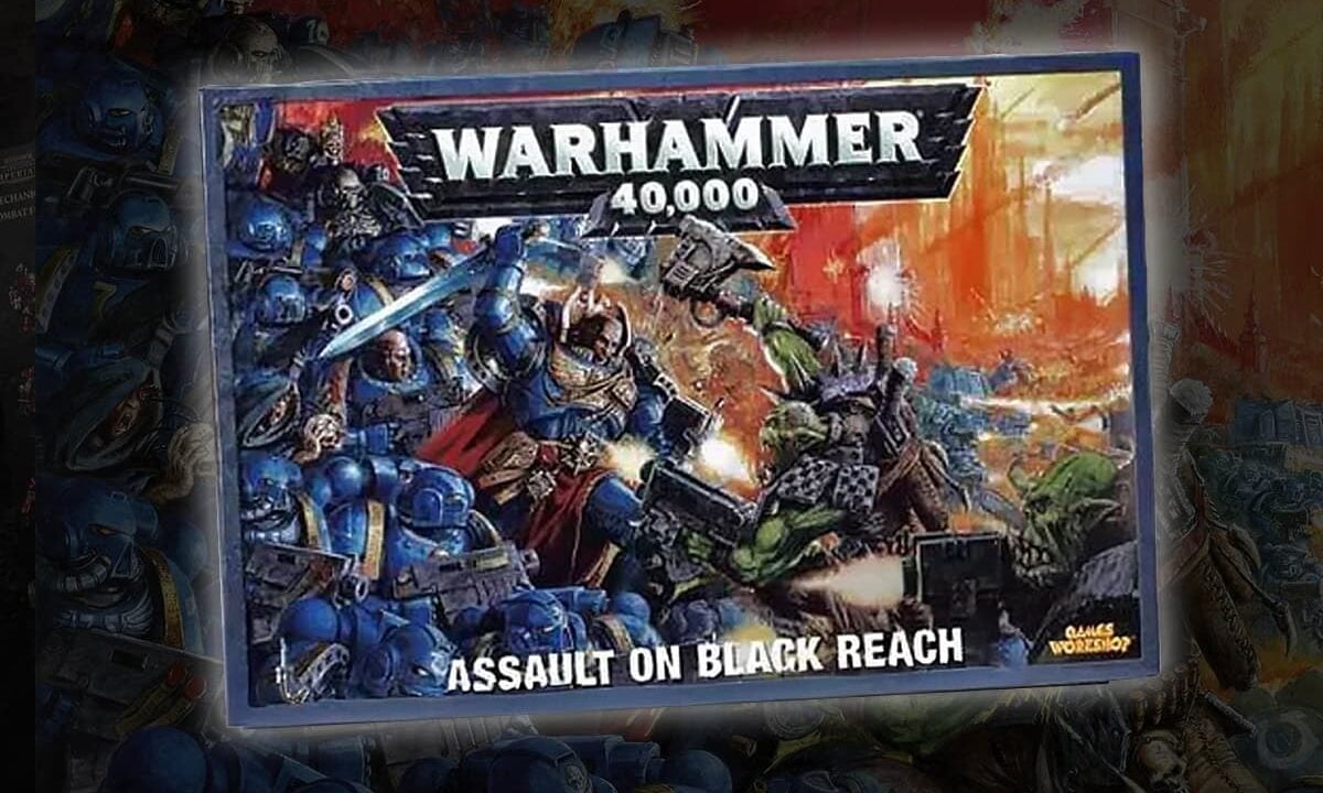 assault on black reach box set product shot with box art in background space marines battling orks wahrammer 40k 5th edition flashback