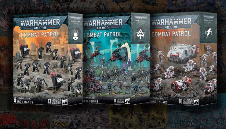combat patrol box sets product images with faded art of painted faction miniatures in background warhammer 40k