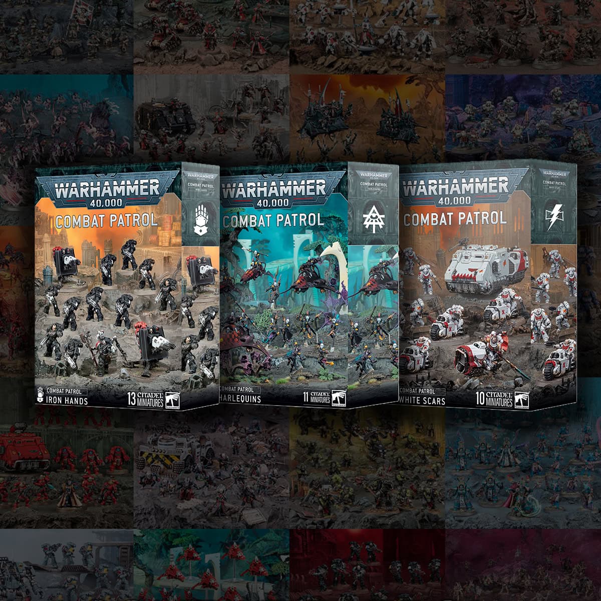 combat patrol box sets product images with faded art of painted faction miniatures in background warhammer 40k