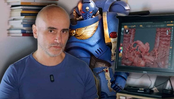 games workshop sueing ghamak image with artist 3d sculpting a miniature with space marine art behind him