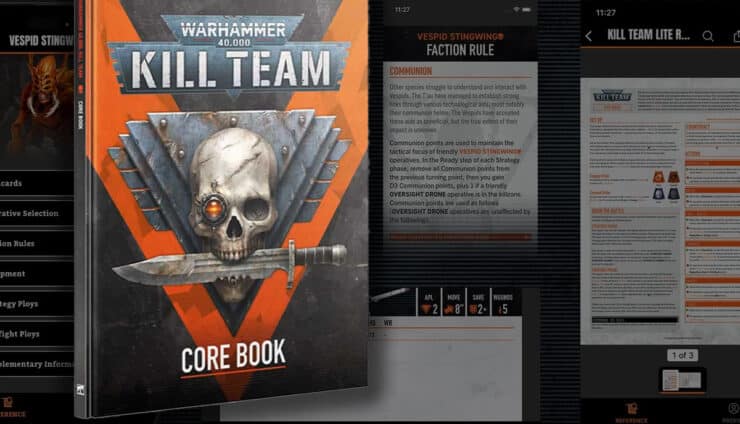kill team core rules product shot of book and miniature from game with mobile app rules in background warhammer 40k 1