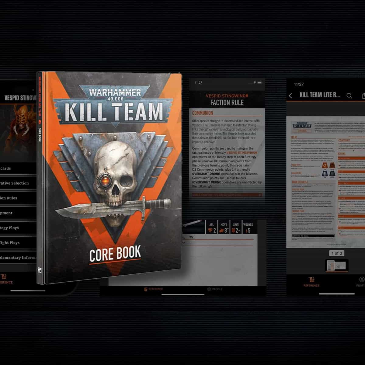 kill team core rules product shot of book and miniature from game with mobile app rules in background warhammer 40k 1