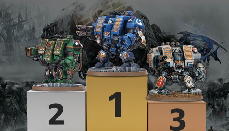 space marine venerable dreanought painted models on olympic podium ranked with art of bjorn the fell handed in background warhammer 40k
