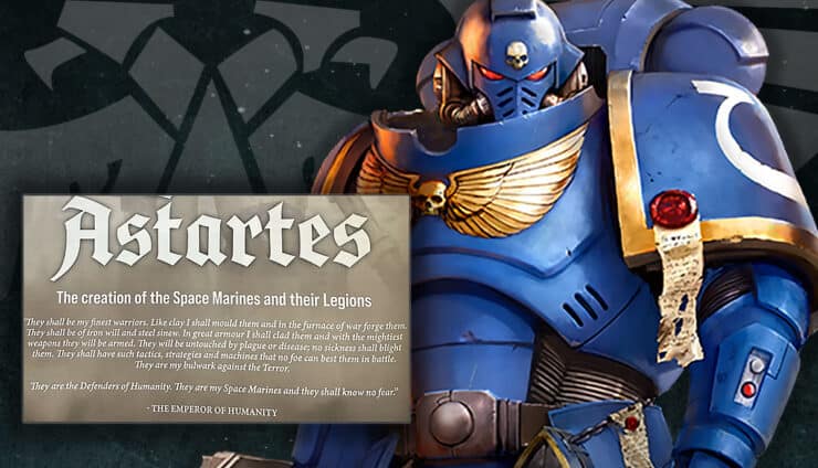 space marine with new TSKNF lore quote and aquila starfield in background warhammer 40k