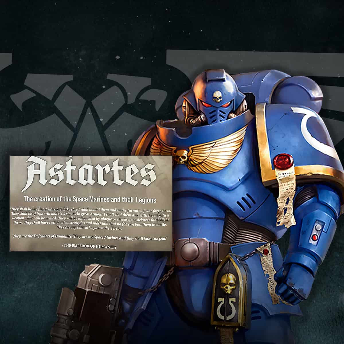 space marine with new TSKNF lore quote and aquila starfield in background warhammer 40k