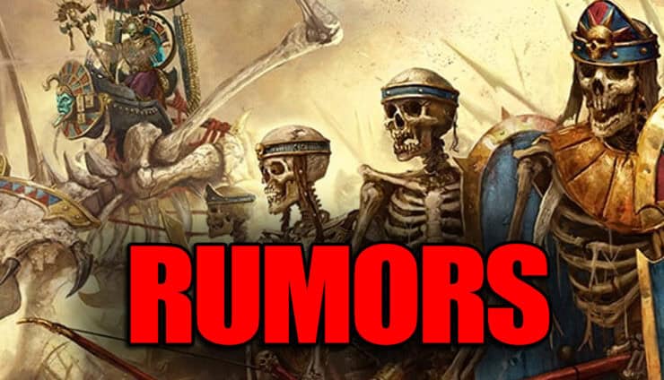 tomb kings acrne journal artwork skeletons and bone dragon in sand with rumors word in red warhammer fantasy