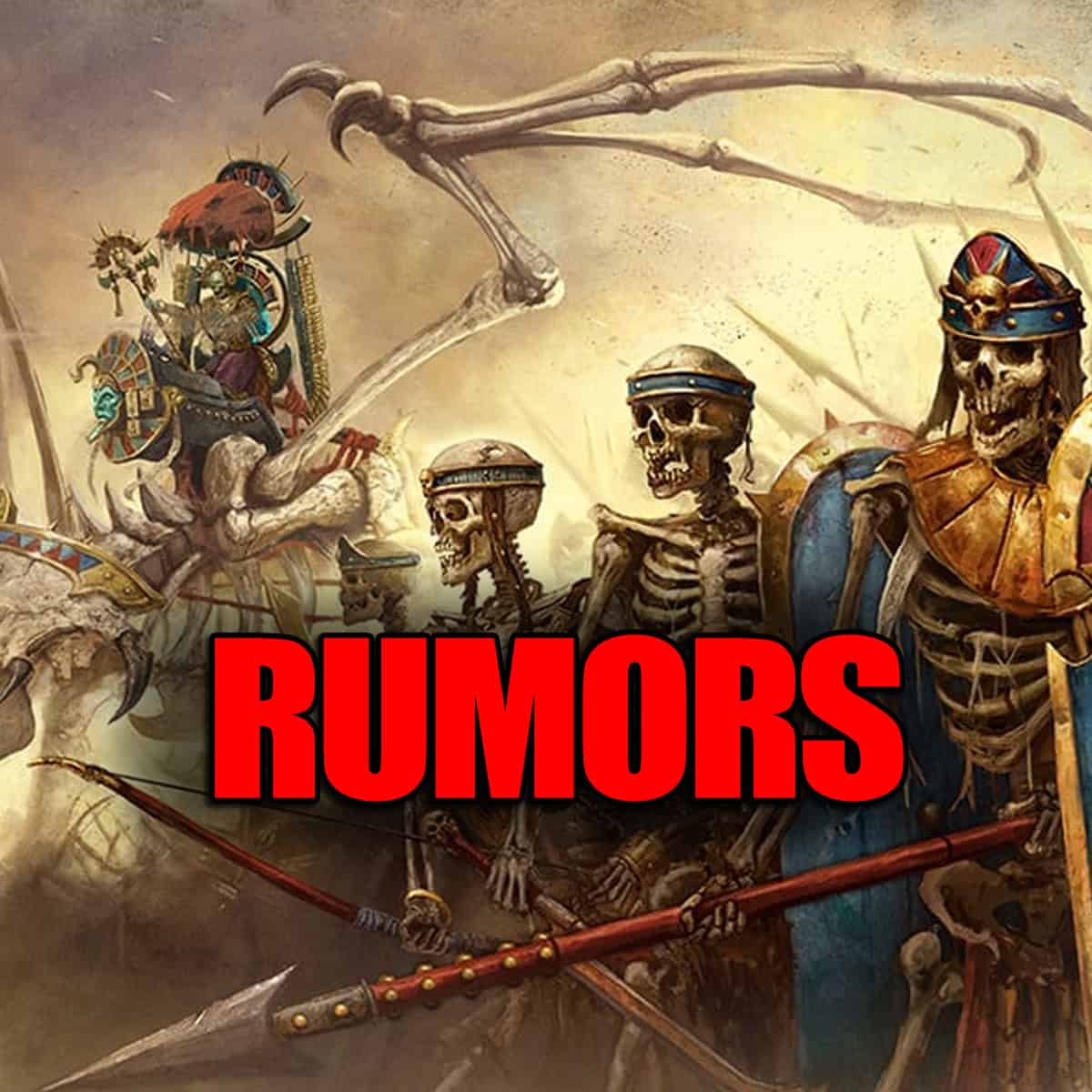 tomb kings acrne journal artwork skeletons and bone dragon in sand with rumors word in red warhammer fantasy