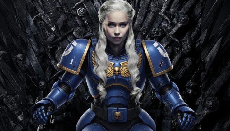 Daenerys Targaryen as a space marine sitting on the iron throne satire
