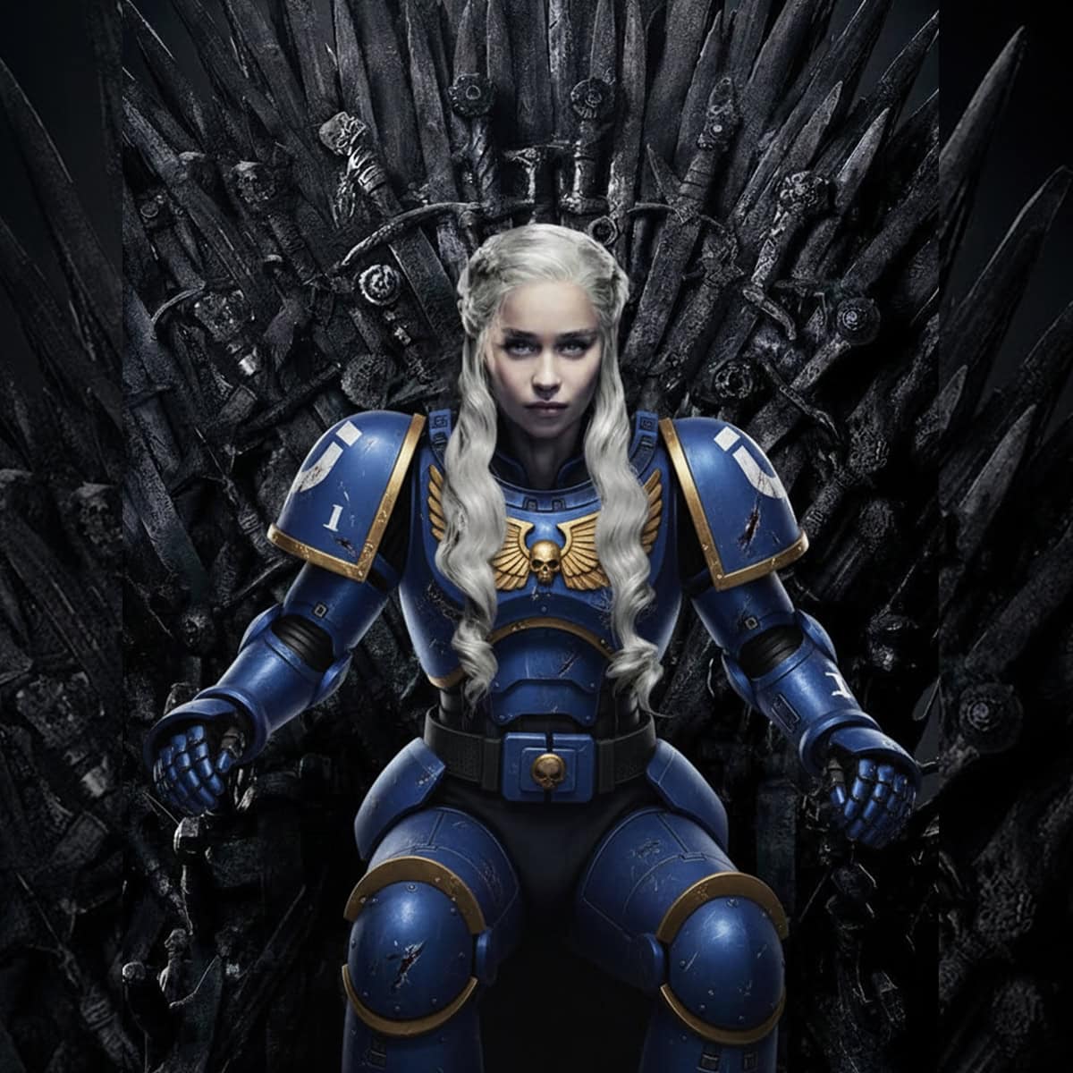 Daenerys Targaryen as a space marine sitting on the iron throne satire