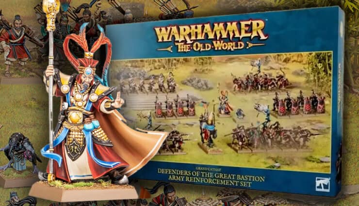 Warhammer Old World Defenders of the Great Bastion Army Reinforcement Set product shot painted miniatures on tabletop with terrrain