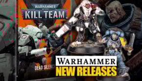 new release font pre order 40k kill team dead silence product image of box and painted miniatures with artwork background of space wolves model and tau stealth suit warhammer 40k