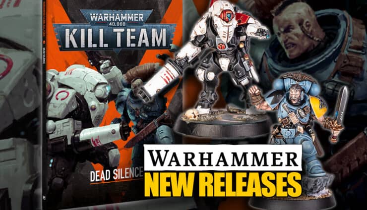 new release font pre order 40k kill team dead silence product image of box and painted miniatures with artwork background of space wolves model and tau stealth suit warhammer 40k