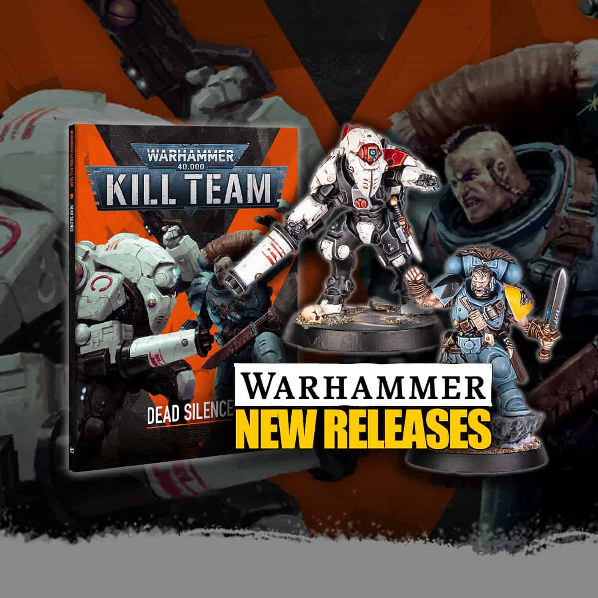 new release font pre order 40k kill team dead silence product image of box and painted miniatures with artwork background of space wolves model and tau stealth suit warhammer 40k
