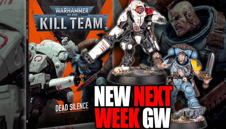 pre order 40k kill team dead silence product image of box and painted miniatures with artwork background of space wolves model and tau stealth suit warhammer 40k
