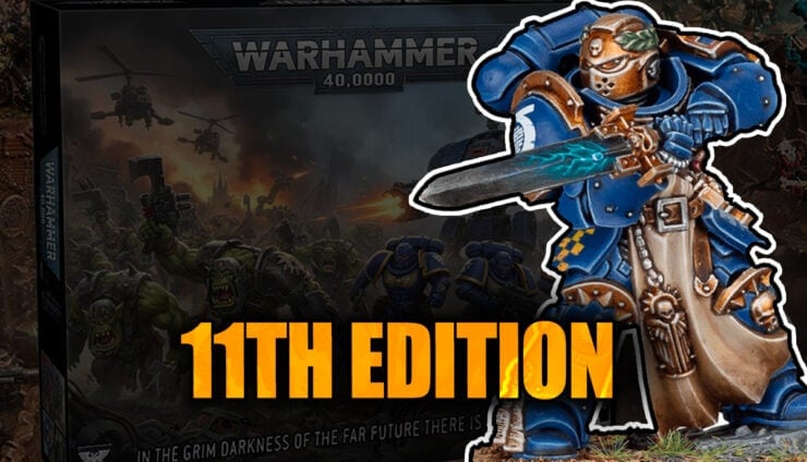 warhammer 40k 11th edition starter box product image shrouded with Space marine painted model orks in background