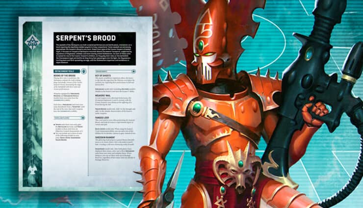 40k new aeldari serpent's brood detachemnt codex art in background warhammer 40k