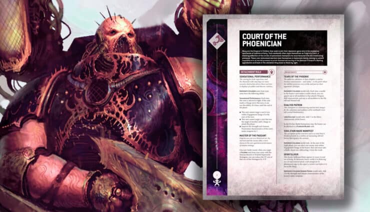 40k new court of the phoenician emperors children detachemnt codex art in background warhammer 40k