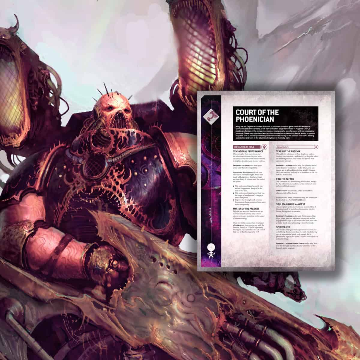 40k new court of the phoenician emperors children detachemnt codex art in background warhammer 40k